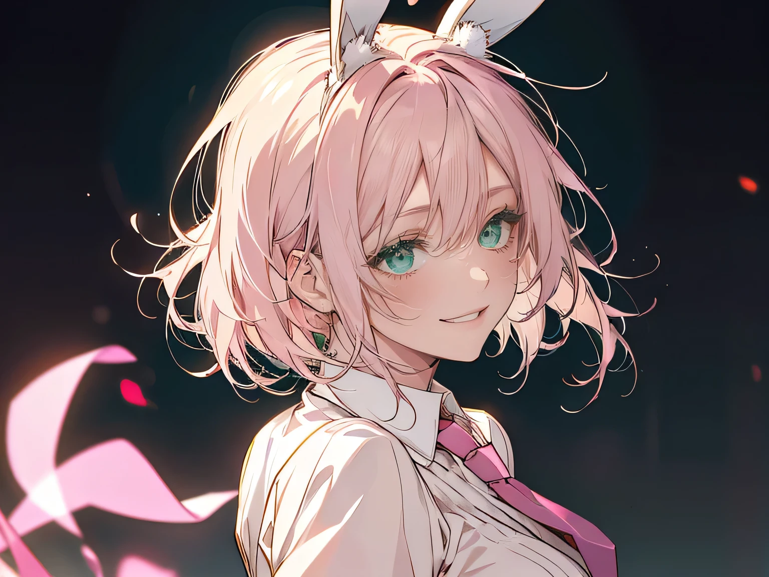 1female, teacher, wearing a light pink suit, red tie, bootyshorts, light pink bunny ears, Thicc, light pink hair, short hair, glowing green eyes, face to detail, detailed eyes, the background is a dark place, smiling, and laughing. Close up.