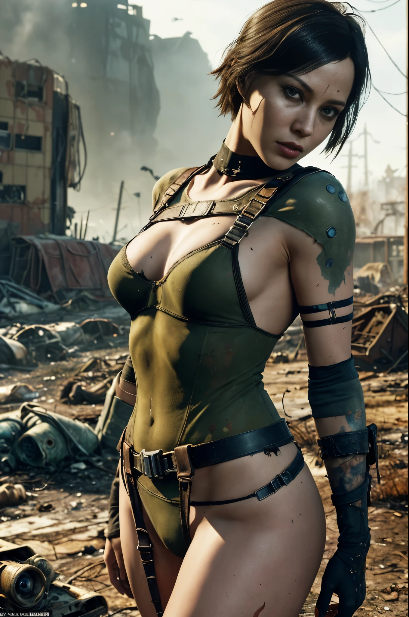 An innocent and beautiful young goth woman, (Amber Heard:Brie Larson:0.5), long dark hair, (wearing a skimpy raider harness from Fallout 4), cleavage, goth makeup, armed, high detail face, high detail skin, seductive expression, perfect body, (perfect proportions), a ruined and overgrown scifi city background, high quality, (masterpiece), (realistic photo), intricately detailed, 8k, HDR, shallow depth of field, wide light, high contrast, backlight, sharp focus, RAW color photo, looking at the camera, vivid colors, (in the style of Fallout 4)