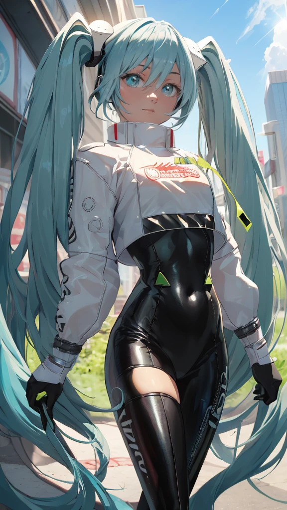 (masterpiece, highest quality), Backlight, Lens flare, Wide Shot, Fisheye Lens , (Face Focus, Depth of written boundary, close: 1.5), Super Detail, figure, colorful, (Fault Color: 1.3), (Immidshot: 1.3), video, Wide-angle, Upper Body, (((One girl))), miku hatsune, Spotless, Dark green hair, Twin tails, Very long hair, Put your arms behind your back, blue eyes, Glowing Eyes, Relaxed face, Eyebrow hair, Shiny Hair, Glowing Skin, A light smile, racing Miku, (Big Breasts), Black bodysuit, Cropped jacket, White jacket, Long sleeve, Two-tone gloves, Thigh-high boots, bright, Beautiful detailed sky, city, street,