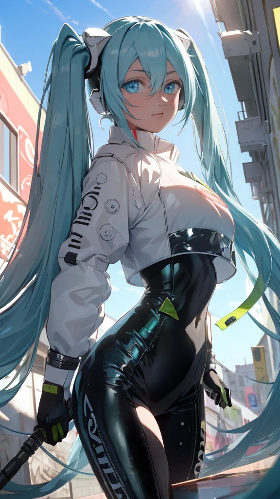  (masterpiece, highest quality), Backlight, Lens flare, Wide Shot, Fisheye Lens , (Face Focus, Depth of written boundary, close: 1.5), Super Detail, figure, colorful, (Fault Color: 1.3), (Immidshot: 1.3), video, Wide-angle, Upper Body, (((One girl))), miku hatsune, Spotless, Dark green hair, Twin tails, Very long hair, Put your arms behind your back, blue eyes, Glowing Eyes, Relaxed face, Eyebrow hair, Shiny Hair, Glowing Skin, A light smile, racing Miku, (Big Breasts), Black bodysuit, Cropped jacket, White jacket, Long sleeve, Two-tone gloves, Thigh-high boots, bright, Beautiful detailed sky, city, street,