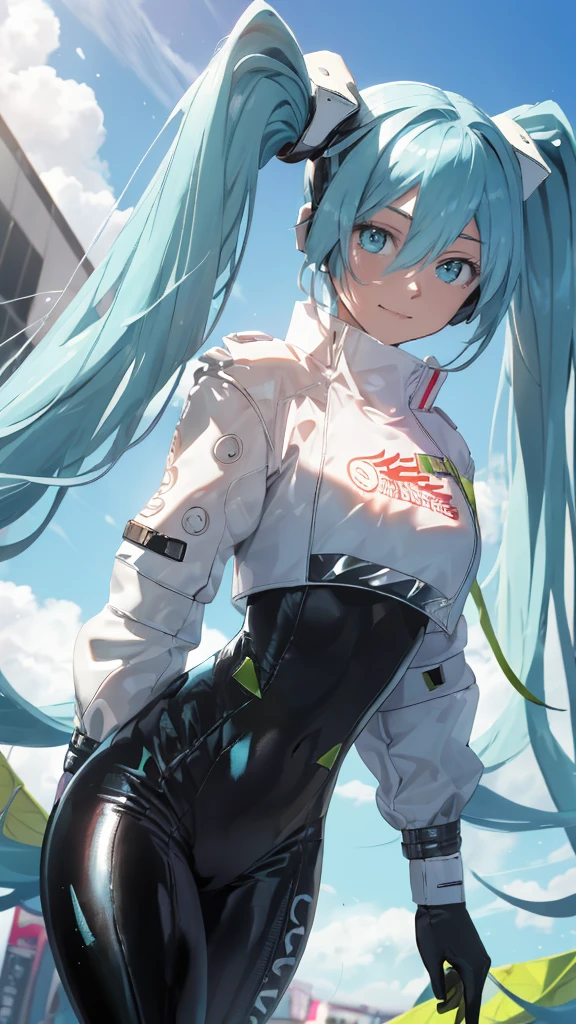 (masterpiece, highest quality), Backlight, Lens flare, Wide Shot, Fisheye Lens , (Face Focus, Depth of written boundary, close: 1.5), Super Detail, figure, colorful, (Fault Color: 1.3), (Immidshot: 1.3), video, Wide-angle, Upper Body, (((One girl))), miku hatsune, Spotless, Dark green hair, Twin tails, Very long hair, Put your arms behind your back, blue eyes, Glowing Eyes, Relaxed face, Eyebrow hair, Shiny Hair, Glowing Skin, A light smile, racing Miku, (Big Breasts), Black bodysuit, Cropped jacket, White jacket, Long sleeve, Two-tone gloves, Thigh-high boots, bright, Beautiful detailed sky, city, street,