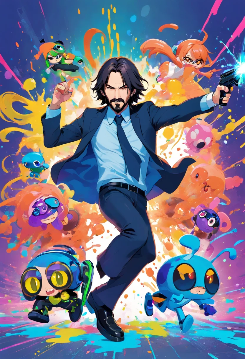 John Wick playing pretend Splatoon with inklings, playing with paint on each other using Splat Roller,Splattershot,Splat Charger,Custome Blaster,dynamic pose,dynamic angle,Starring Keanu Reeves