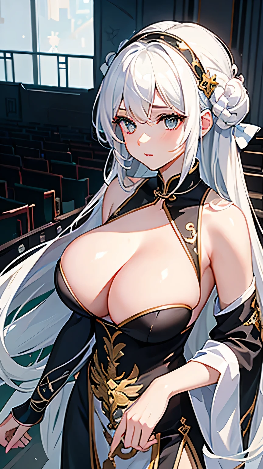 1 Girl，Masterpiece，White hair，Long hair，Ball head，Double tail，Black hair band，Exquisite，Black eyes，White pupil，Dirt rebirth，Green cheongsam，High slit cheongsam，，Huge breasts，Huge breasts，Breast sagging，Side Breast，Can not see，Green high heels，Bend over and bow，Side view，Wet body，The background is the auditorium