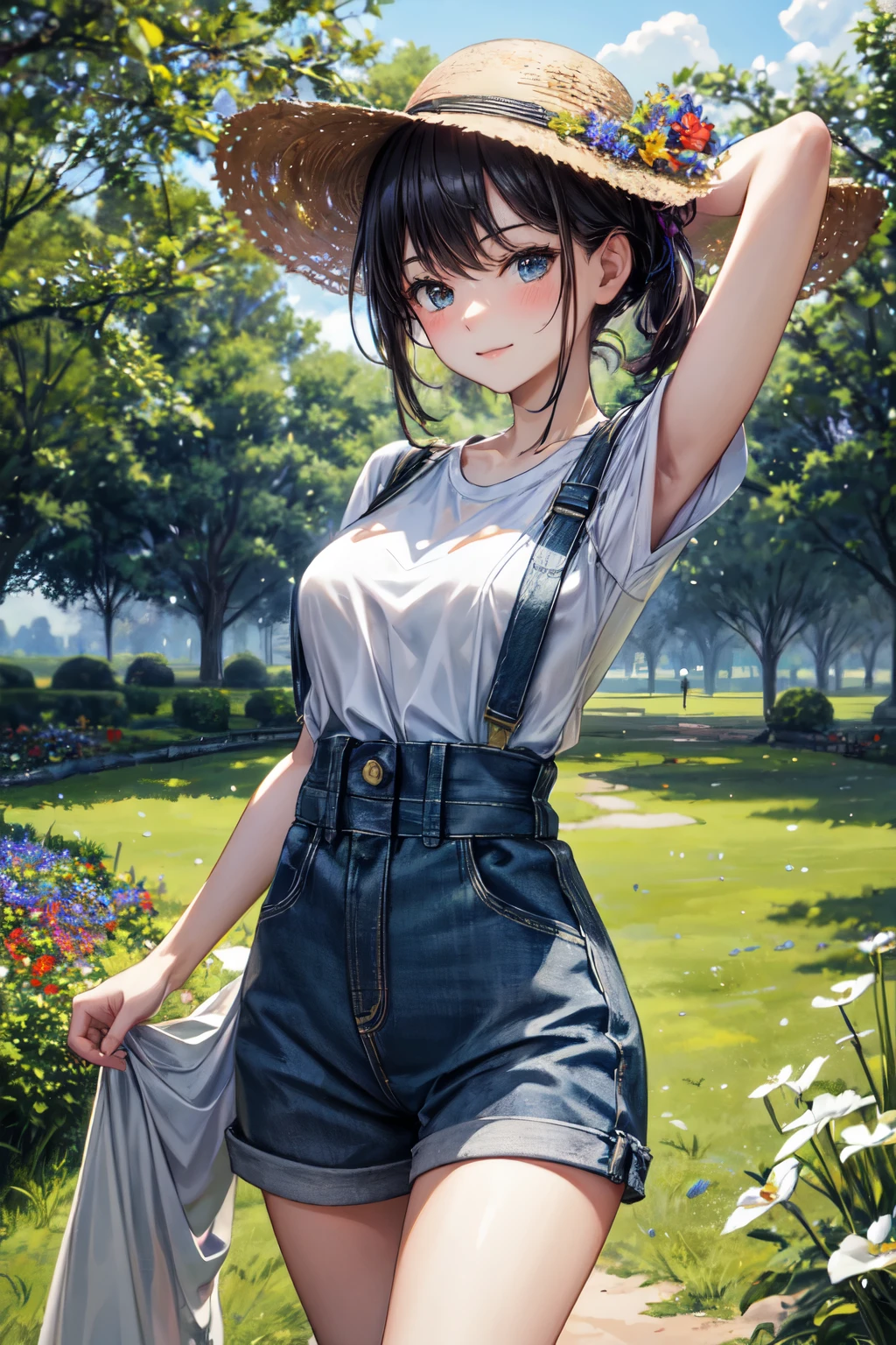 (masterpiece, best quality, detailed), 1girl, solo, hairclip, asahina aoi, tan, grin,
overalls, white shirt, short sleeves, white gloves, outdoors, garden, rose, grass, sunlight, day, blue sky, lying, on back, arms behind head