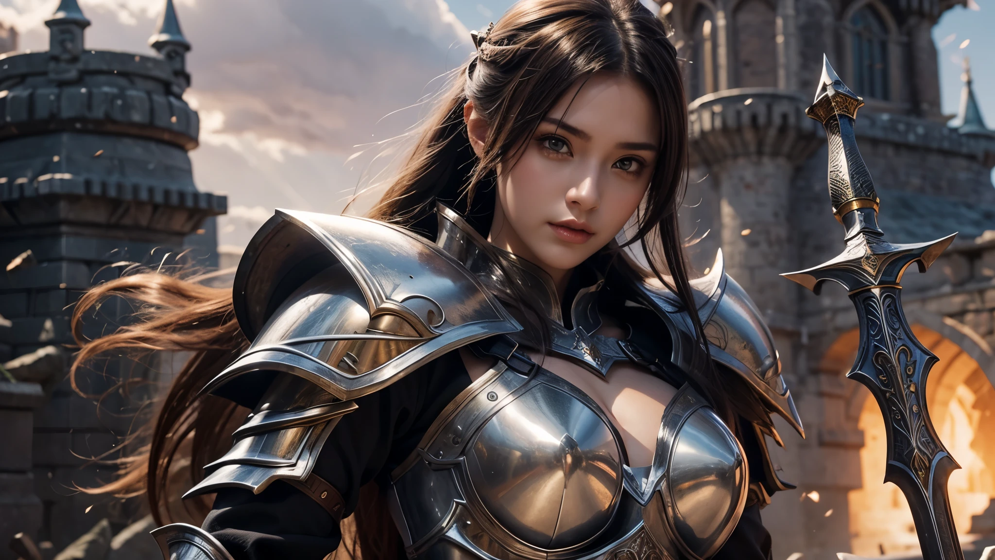 Close-up of a woman holding a sword and armor, Armor Girl, 2. 5D CGI anime fantasy artwork, Large Breasts,Epic fantasy digital art style, detailed Digital 2D fantasy art, Digital 2D fantasy art, Gorgeous female warriors,Look at the camera, Role Playing Game Character Art, beautiful female knight, Fantasy Character Art, Epic and beautiful character art, beautiful female warrior,The background is the castle,dusk,semi-body photography,Look at the camera