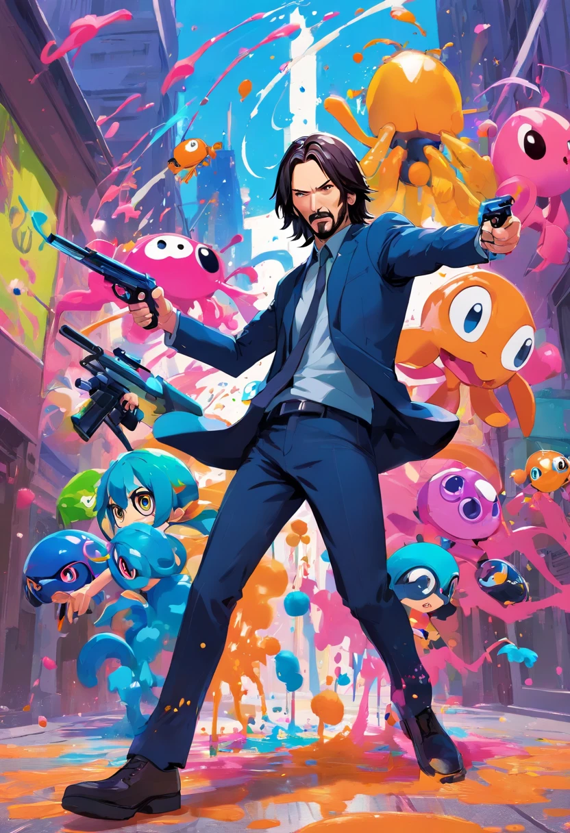 John Wick playing pretend Splatoon with inklings, playing with paint on each other using Splat Charger,Splat Roller,Splattershot,Custome Blaster,dynamic pose,dynamic angle,Starring Keanu Reeves