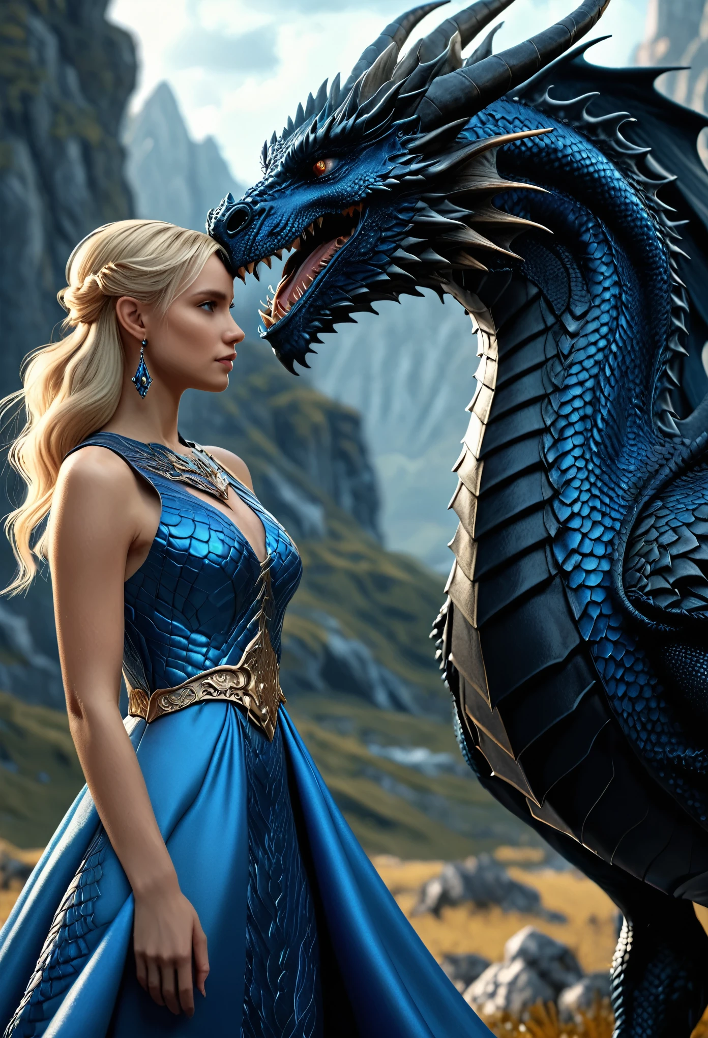 woman in a blue dress standing next to a black dragon, 4 k detail fantasy,blonde hair, intricate realistic fantasy, sharp focus, realistic fantasy render, fantasy style 8 k octane render, hyperrealistic fantasy art, 4k fantasy art, queen of dragons, detailed fantasy art, unreal engine fantasy art, elegant cinematic fantasy art, realistic fantasy artwork, realistic fantasy illustration