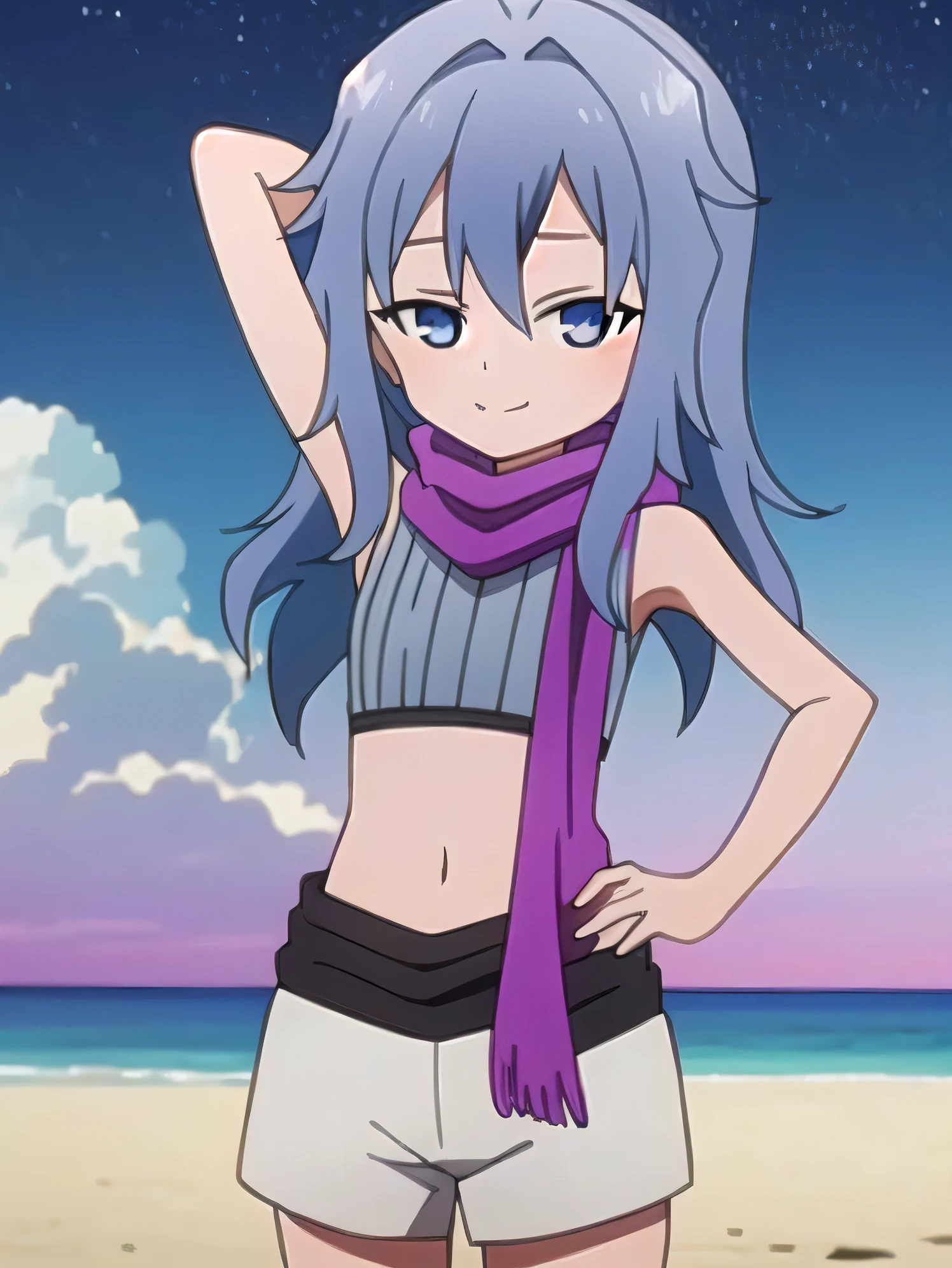 kunoichi_hagi, blue eyes, blue hair, long hair, crop top, sleeveless, purple scarf, shorts, closed mouth, solo, (cowboy shot:1.5), night sky, beach, arm behind head, hand on hip, contrapposto, spread armpits, looking at viewer, best quality, smile