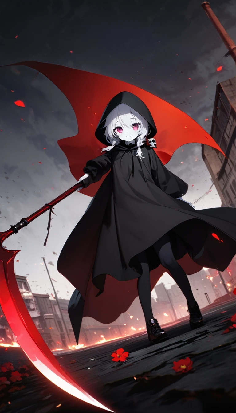 solo,1female\(cute,kawaii,age of 10,hair color white,braid hair,messy hair,eye color dark,big eyes,white skin,big smile,enjoy,full body,wearing Grim Reaper's black Robe,holding scythe and skull,skip,flower hair ornament,white hair\),background\(black sky,withered flowers all over the ground,a thick red water\), BREAK ,quality\(8k,wallpaper of extremely detailed CG unit, ​masterpiece,high resolution,top-quality,top-quality real texture skin,hyper realisitic,increase the resolution,RAW photos,best qualtiy,highly detailed,the wallpaper\)