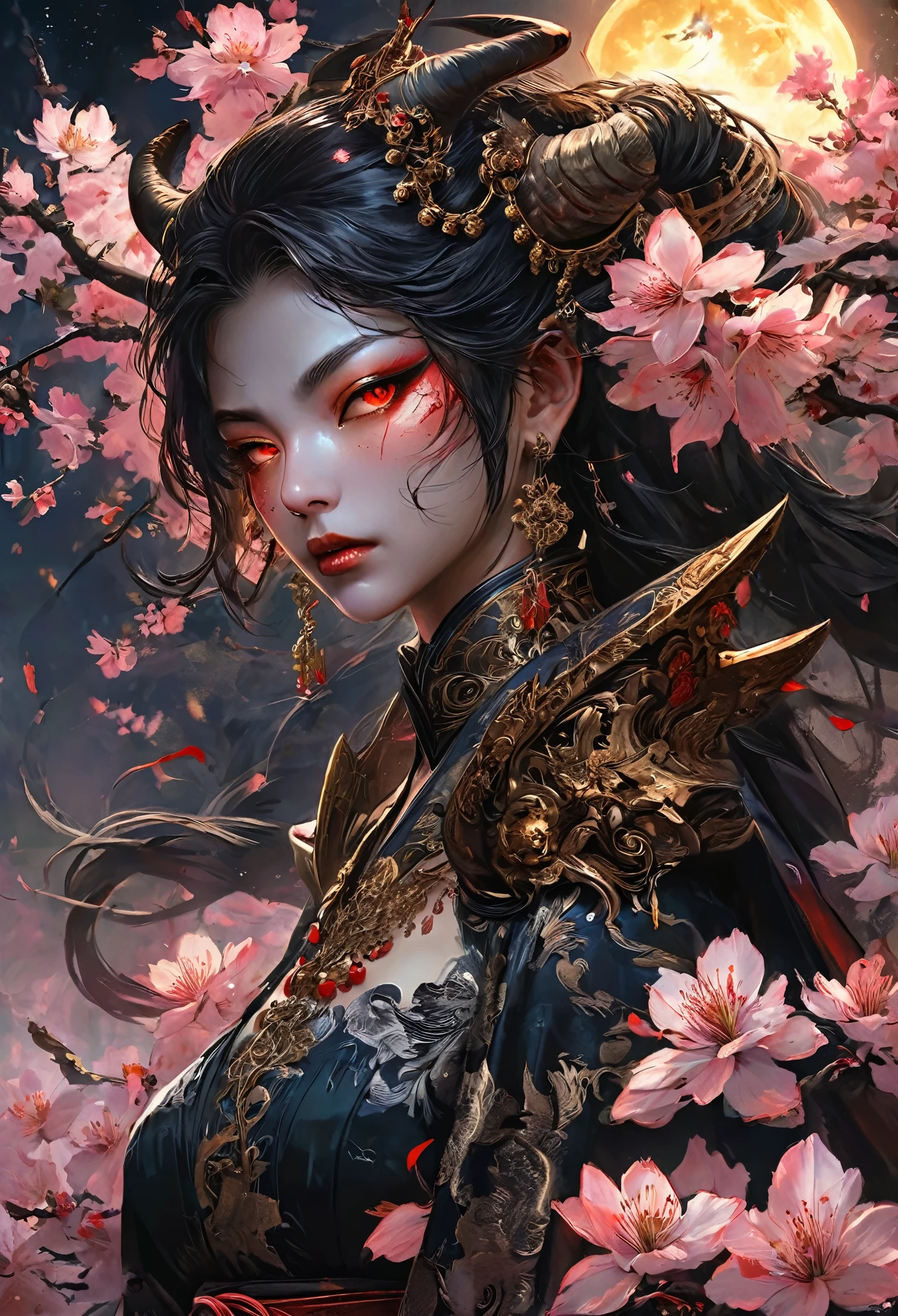 A cool and powerful Japanese demon with the highest level of detail (best quality, ultra-detailed, realistic:1.37), portrayed in a traditional medium such as ink painting or woodblock print. The demon has menacing red eyes and sharp fangs, with intricate facial tattoos and an elaborate horned headdress. Its skin is pale and textured, almost glowing with an otherworldly aura. The demon is surrounded by a hauntingly beautiful landscape, featuring cherry blossoms in full bloom and a full moon in the night sky. The scene is illuminated by a soft, ethereal light that casts a mysterious glow on the demon's features. The overall color scheme is rich and vibrant, with deep shades of red, black, and gold. The artwork captures the essence of Japanese folklore and exudes a sense of power and elegance.