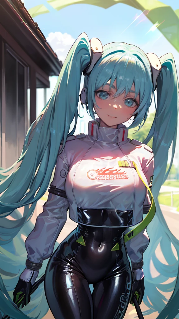 (masterpiece, highest quality), Backlight, Lens flare, Wide Shot, Fisheye Lens , (Face Focus, Depth of written boundary, close: 1.5), Super Detail, figure, colorful, (Fault Color: 1.3), (Immidshot: 1.3), video, Wide-angle, Upper Body, (((One girl))), miku hatsune, Spotless, Dark green hair, Twin tails, Very long hair, Put your arms behind your back, blue eyes, Glowing Eyes, Relaxed face, Eyebrow hair, Shiny Hair, Glowing Skin, A light smile, racing Miku, (Big Breasts), Black bodysuit, Cropped jacket, White jacket, Long sleeve, Two-tone gloves, Thigh-high boots, bright, Beautiful detailed sky, city, street,