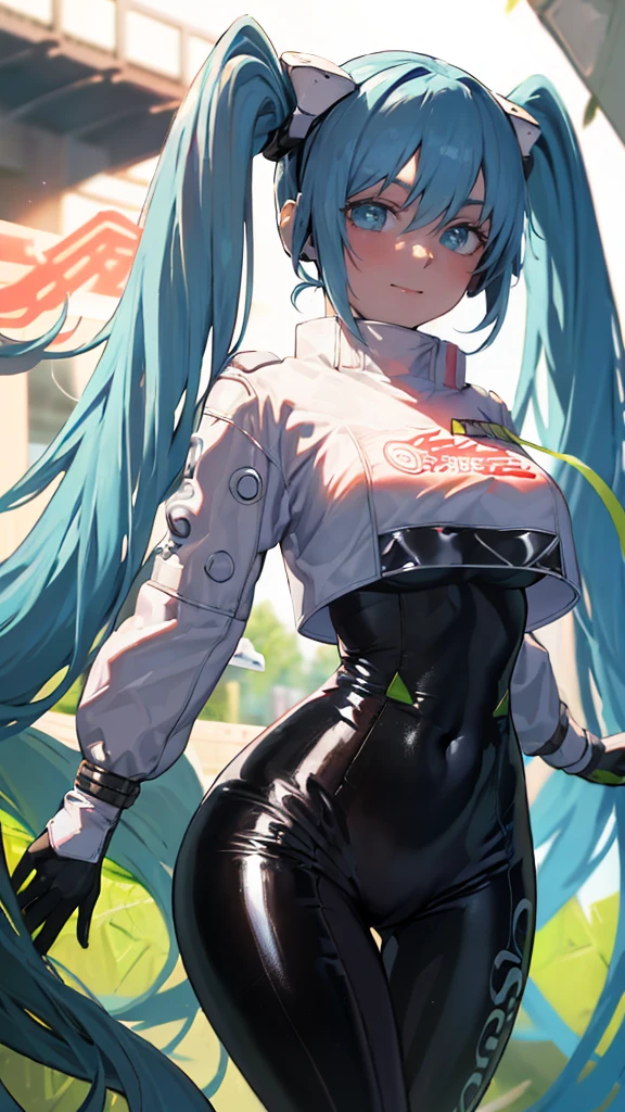 (masterpiece, highest quality), Backlight, Lens flare, Wide Shot, Fisheye Lens , (Face Focus, Depth of written boundary, close: 1.5), Super Detail, figure, colorful, (Fault Color: 1.3), (Immidshot: 1.3), video, Wide-angle, Upper Body, (((One girl))), miku hatsune, Spotless, Dark green hair, Twin tails, Very long hair, Put your arms behind your back, blue eyes, Glowing Eyes, Relaxed face, Eyebrow hair, Shiny Hair, Glowing Skin, A light smile, racing Miku, (Big Breasts), Black bodysuit, Cropped jacket, White jacket, Long sleeve, Two-tone gloves, Thigh-high boots, bright, Beautiful detailed sky, city, street,