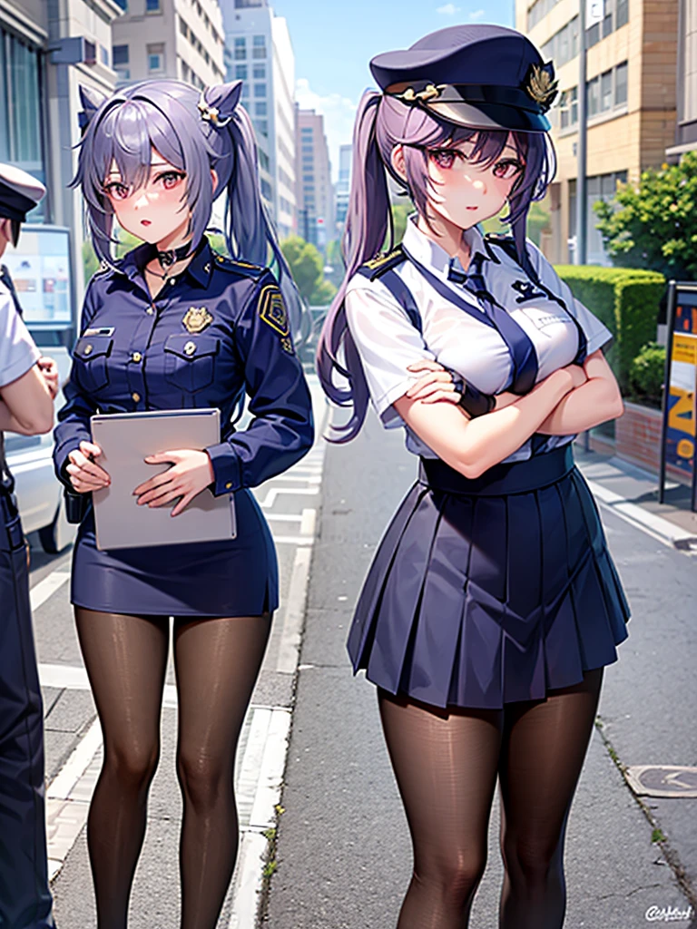 ((police uniform with))、urban backdrop、a miniskirt、no stockings、