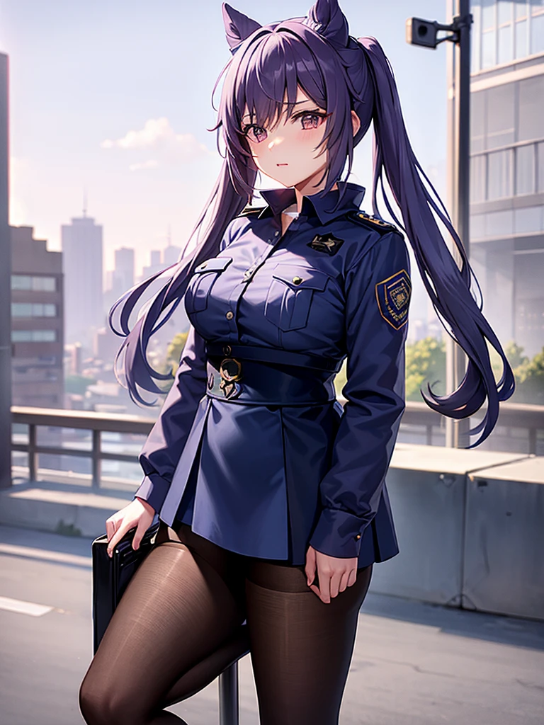 ((police uniform with))、urban backdrop、a miniskirt、no stockings、