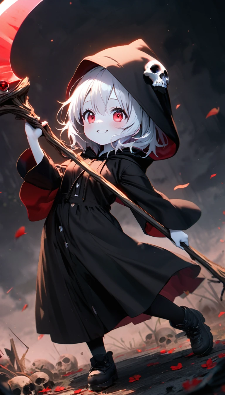 solo,1female\(cute,kawaii,age of 10,hair color white,braid hair,messy hair,eye color dark,big eyes,white skin,big smile,enjoy,full body,wearing Grim Reaper's black Robe,holding scythe and skull,skip,flower hair ornament,white hair\),background\(black sky,withered flowers all over the ground,a thick red water\), BREAK ,quality\(8k,wallpaper of extremely detailed CG unit, ​masterpiece,high resolution,top-quality,top-quality real texture skin,hyper realisitic,increase the resolution,RAW photos,best qualtiy,highly detailed,the wallpaper\)