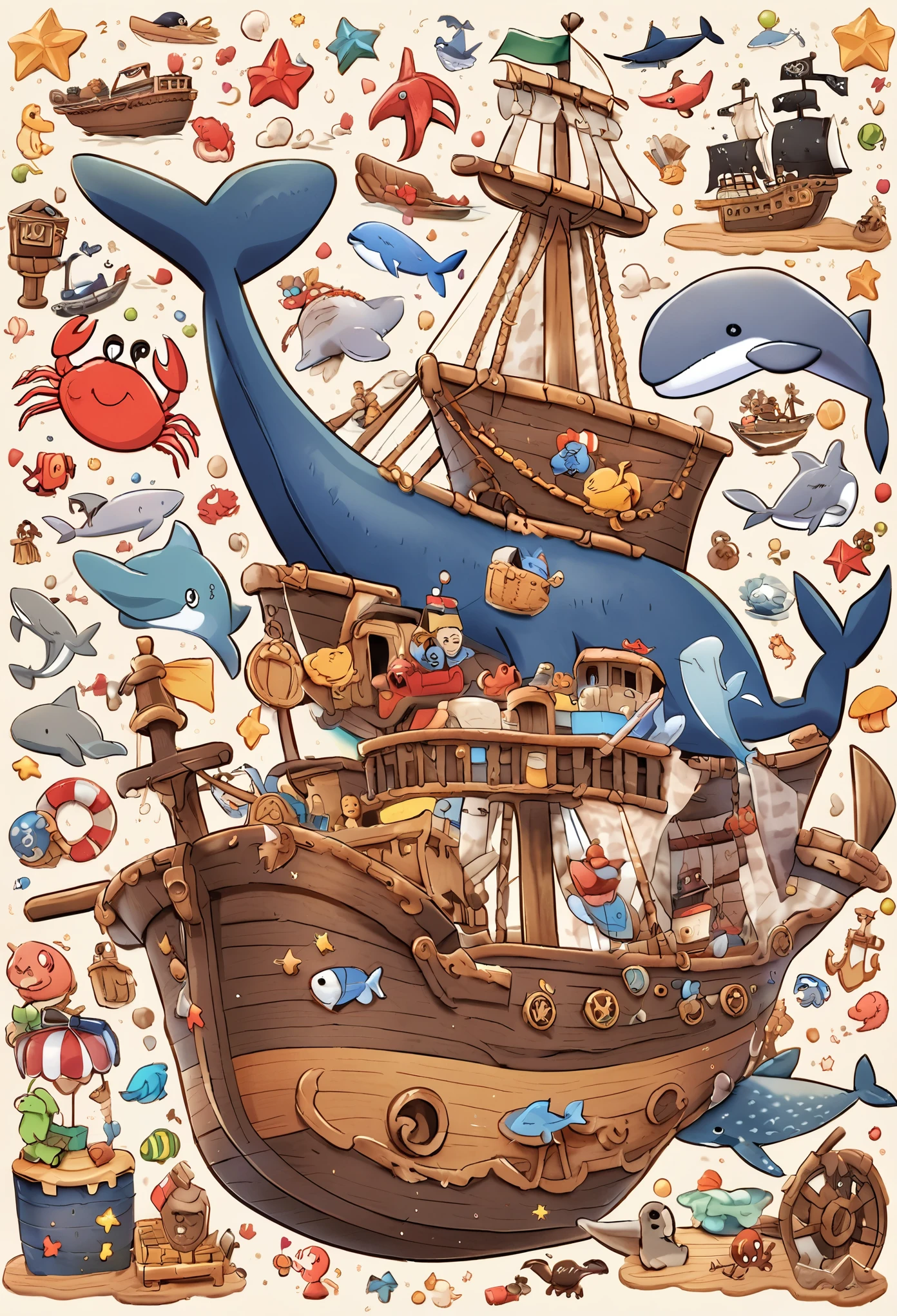 Toy pirate ship with whale, dolphin and crab