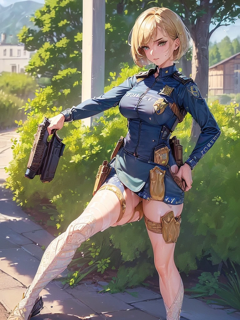 ((highest quality)),(ultra high resolution),(Super detailed),(detailed description),((best CG)),(best work of art),super precision art,great drawing art,(Art with precise details:1.5), (1 female police officer:1.8),(beautiful and well-shaped face:1.5),(Strong-willed eyes:1.5,(light makeup:1.6),(Moist body flaxen short hair:1.6),(Tight uniform:1.6),(tight mini skirt:1.4),(holster:1.5),(Beautiful leg lines:1.5), (Exquisite and detailed outdoor scenery:1.7),