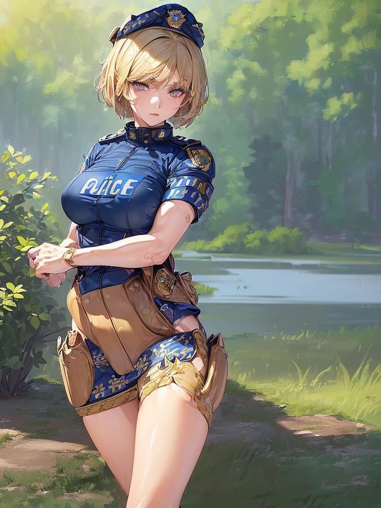((highest quality)),(ultra high resolution),(Super detailed),(detailed description),((best CG)),(best work of art),super precision art,great drawing art,(Art with precise details:1.5), (1 female police officer:1.8),(beautiful and well-shaped face:1.5),(Strong-willed eyes:1.5,(light makeup:1.6),(Moist body flaxen short hair:1.6),(Tight uniform:1.6),(tight mini skirt:1.4),(holster:1.5),(Beautiful leg lines:1.5), (Exquisite and detailed outdoor scenery:1.7),