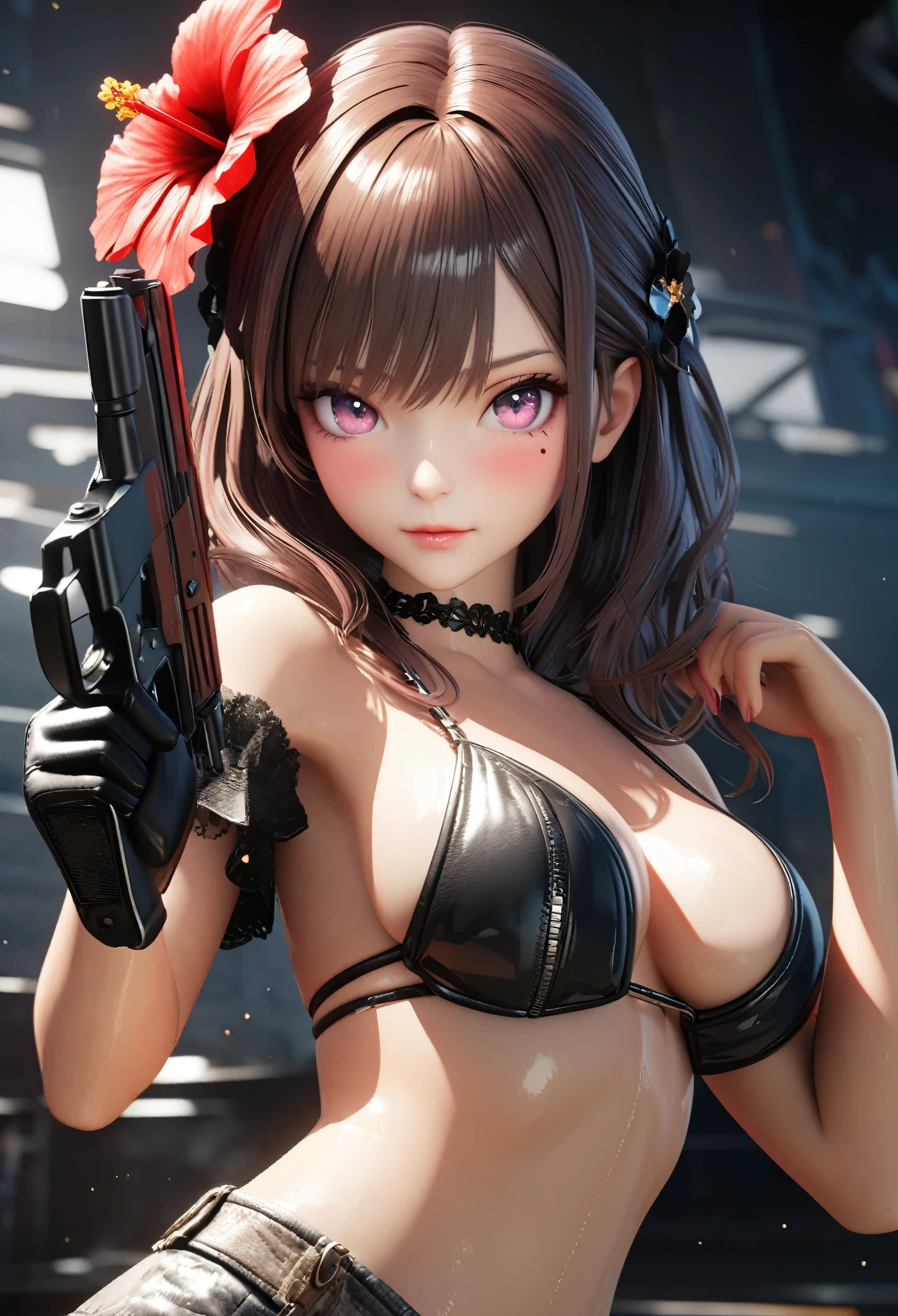 masterpiece,highest quality, Very detailed, High resolution, expensive resolution, High resolution, 4K, 8k, unity 8k wallpaper, Very detailed CG, masterpiece, 2D, 3D, Beautiful details, depth, Fine texture , highest quality: 1.3, Fully focused, Crispy.skin, .he,
Very cute anime girl 、bikini、Large Breasts、ピンクのセミロングヘア wearing expensive , One Girl、Holding a gun, Mole under the eye, looking at the viewer , expensive , blush, Mole, Lips parted, Hibiscus Hair Accessories, heart, Pink Eyes, choker