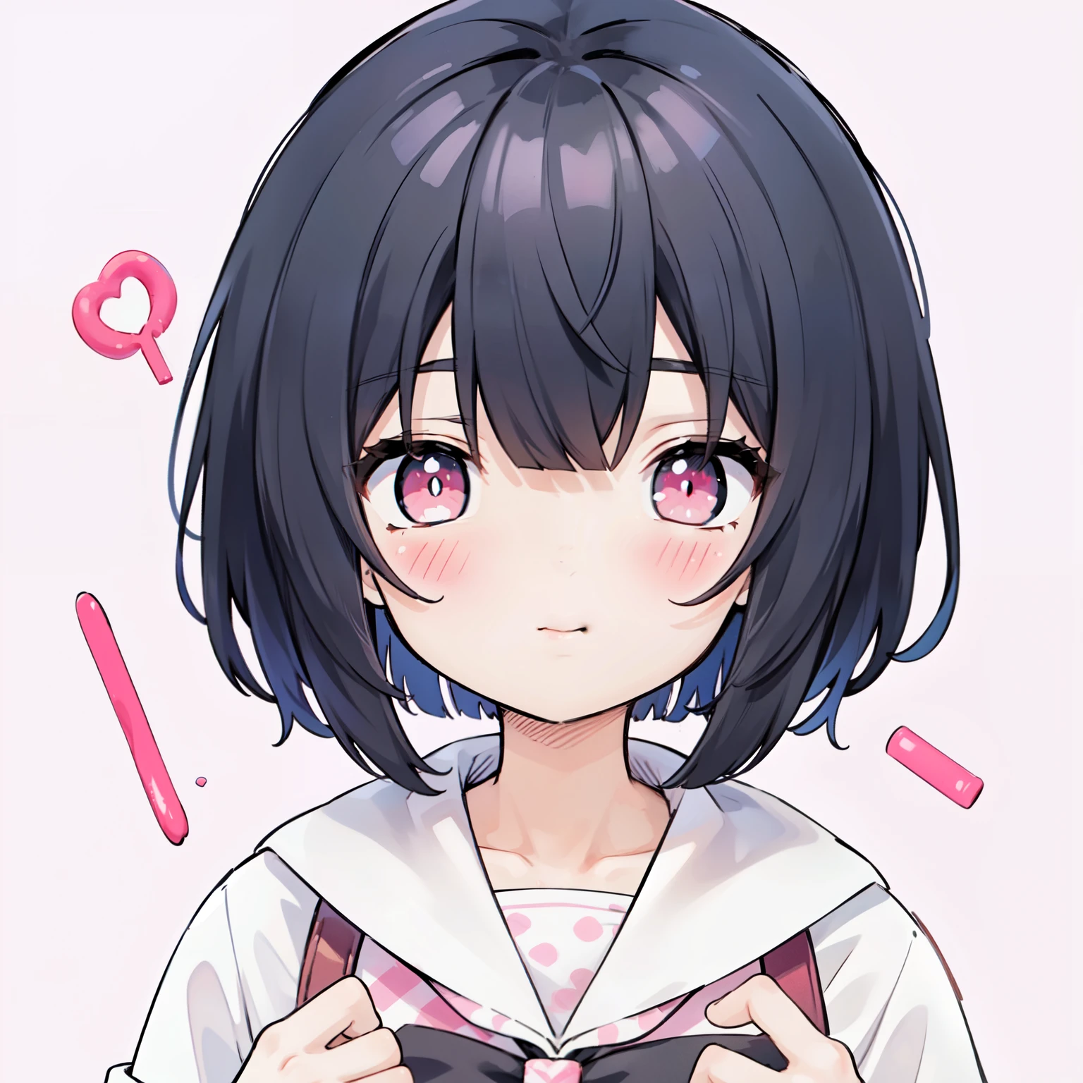One Girl, ,Black Hair,Bob Hair,Bobcut,Straight Hair,Pink inner color,Red eyes,Drooping eyes,cute,pastel colour, candy, Lollipop, Ruffles and lace, Polka dots, Straight bangs