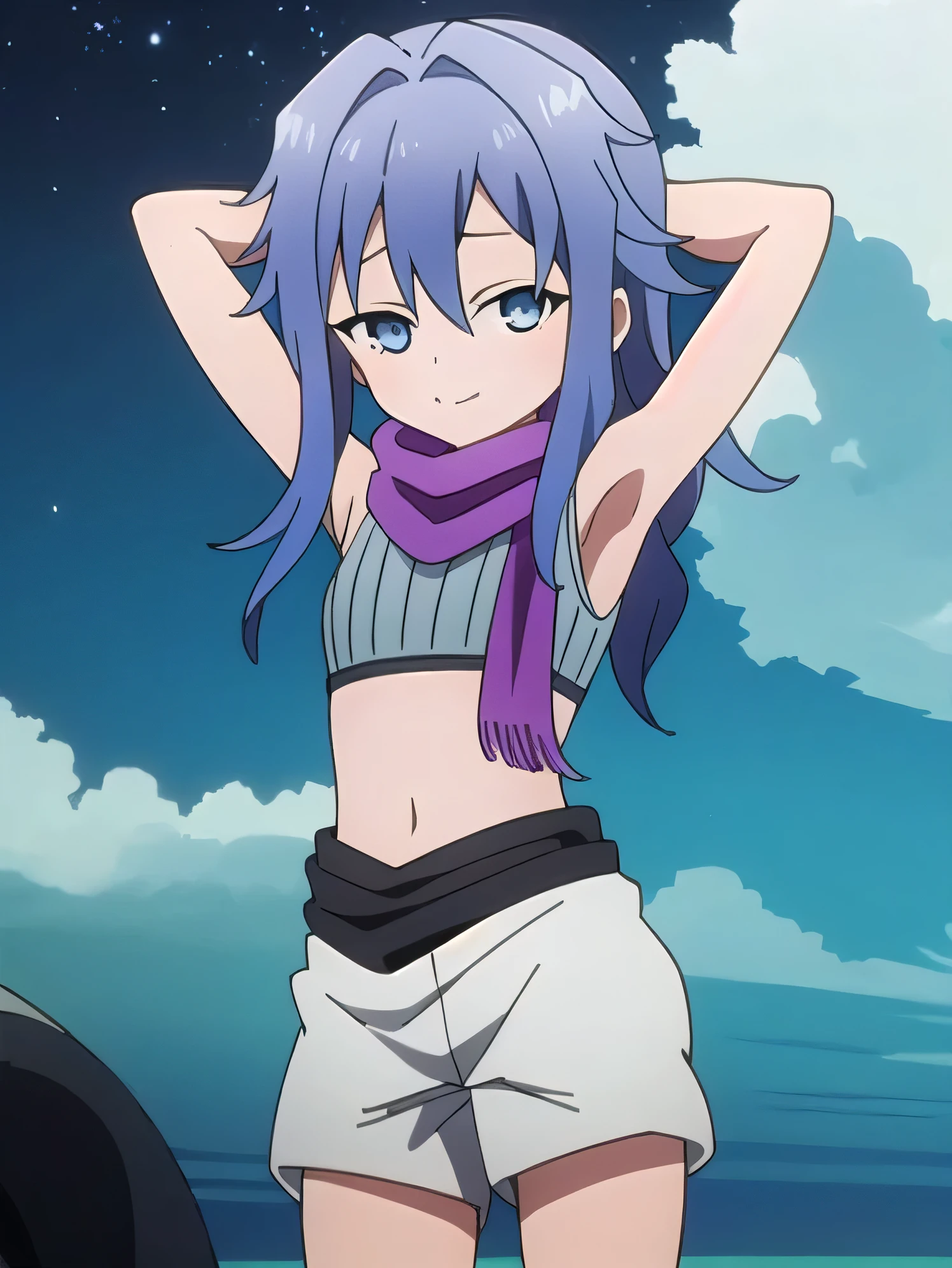 kunoichi_hagi, blue eyes, blue hair, long hair, crop top, sleeveless, purple scarf, shorts, closed mouth, solo, (cowboy shot:1.5), night sky, beach, arms behind head, contrapposto, spread armpits, looking at viewer, best quality, smile