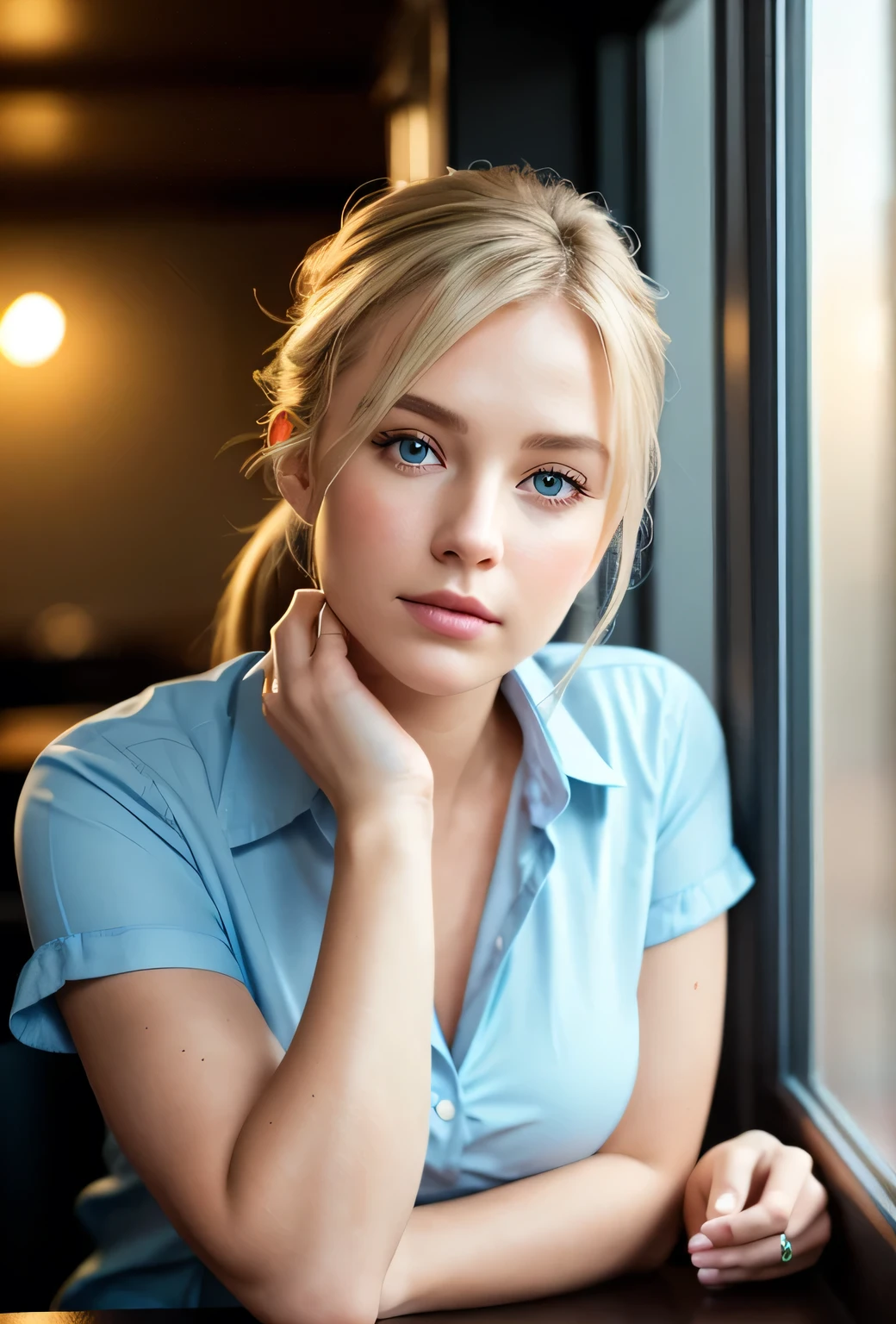 (Dark Shot:1.4), 80mm, beautiful Czech blonde, ultra textured skin, face looking straight into the camera, full-face, face not covered, face close-up, face not turned, it's looking straight into the camera, hands down, working as (waitress:1.1) in (diner:1.2), wearing white shirt, blue apron, jeans, ponytail, (pvcal skin texture, hyperrealism, soft light, sharp), (intricate details:0.9), (HDR, Hyperdetailed:1. 2), soft light, sharp, exposure blend, middle ground, bokeh, (HDR:1.4), High contrast, (cinemvic, turquoise and orange:0.85), (Muted colors, dull colors, soothing tones:1.3), low contrast, (Hyperdetailed:1.2), (Noir:0.4)
