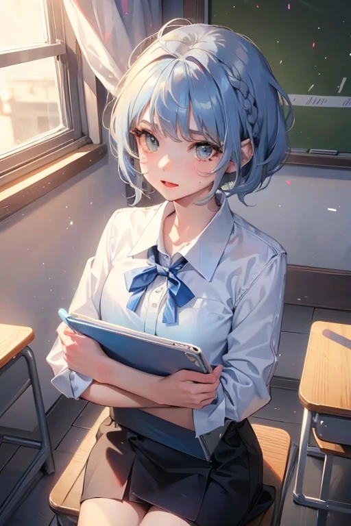1girl,solo,cute,greige hair,short hair,teacher,in classroom