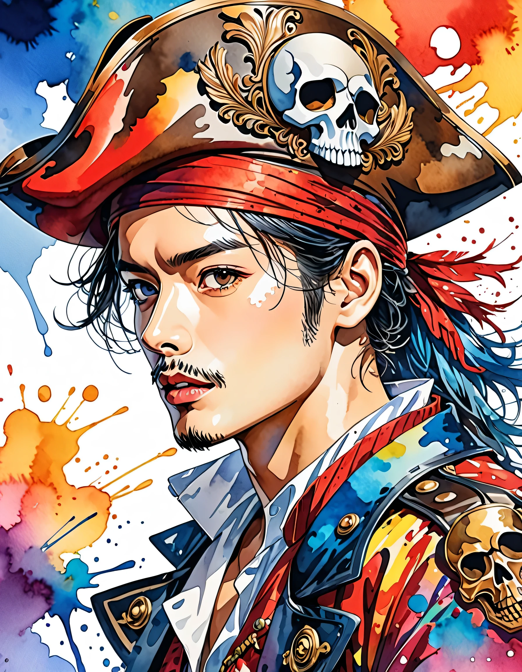 Eiichiro Oda Style、(((stylish fashion))), 8K Quality、Intense watercolor, Detailed watercolor art, Watercolor splash, Surreal, avant-garde pop art, Beautiful and expressive paintings, Beautiful artwork illustration, Very colorful tones, wonderful, Cool beauty, highest quality、Official Art, Vector art, Stylish design, (((The Greatest Pirate in History))), (((highest quality))), HDR, ((detailed)), (((Doodle Art)), ((masterpiece)), ((Super detailed)), (((skull fashion))), (((Stylish))),