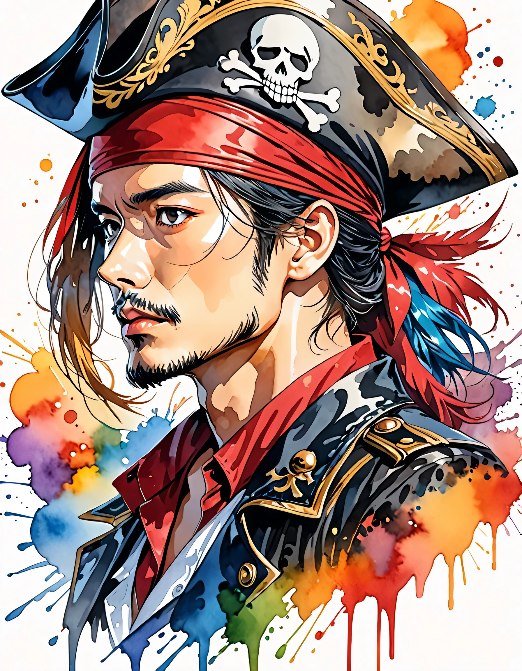 Eiichiro Oda Style、(((stylish fashion))), 8K Quality、Intense watercolor, Detailed watercolor art, Watercolor splash, Surreal, avant-garde pop art, Beautiful and expressive paintings, Beautiful artwork illustration, Very colorful tones, wonderful, Cool beauty, highest quality、Official Art, Vector art, Stylish design, (((The Greatest Pirate in History))), (((highest quality))), HDR, ((detailed)), (((Doodle Art)), ((masterpiece)), ((Super detailed)), (((skull fashion))), (((Stylish))),