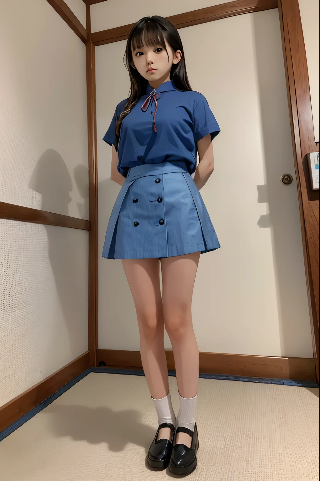 Cute girl tied up and held captive、Japanese、Inside the room、Are standing、Blue mini skirt、Red Shirt、