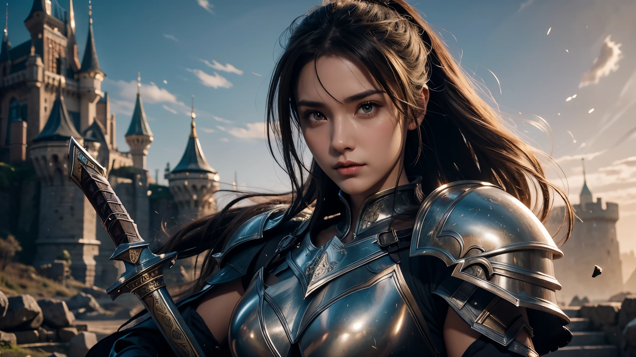 Close-up of a woman holding a sword and armor, Armor Girl, 2. 5D CGI anime fantasy artwork,  Large Breasts，Epic fantasy digital art style, detailed Digital 2D fantasy art, Digital 2D fantasy art, Gorgeous female warriors,Look at the camera， Role Playing Game Character Art, beautiful female knight, Fantasy Character Art, Epic and beautiful character art, beautiful female warrior，The background is the castle，dusk，semi-body photography，Look at the camera
