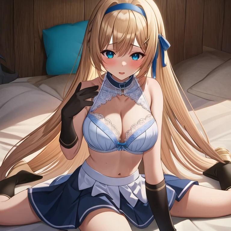 (masterpiece, best quality:1.2), 1girl, solo, (blond hair), blue hairband, blue hair ribbon on the left, white-blue bra, black gloves, knight skirt,