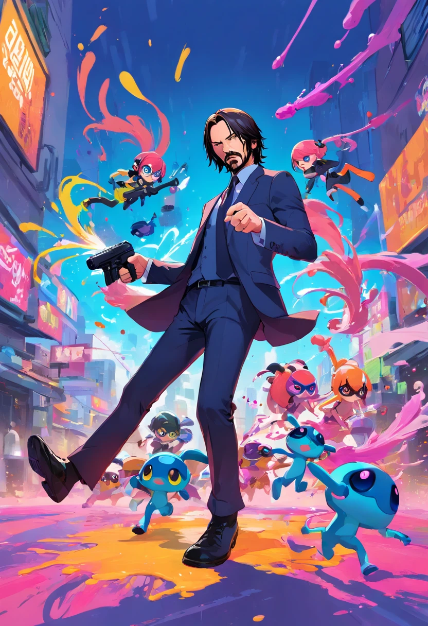 John Wick playing pretend Splatoon with inklings, playing with paint on each other using Dapple-Dualies,Splat-Charger,Splat-Roller,Splattershot,Custome-Blaster,stage:Wahoo World,dynamic pose,dynamic angle,Starring Keanu Reeves
