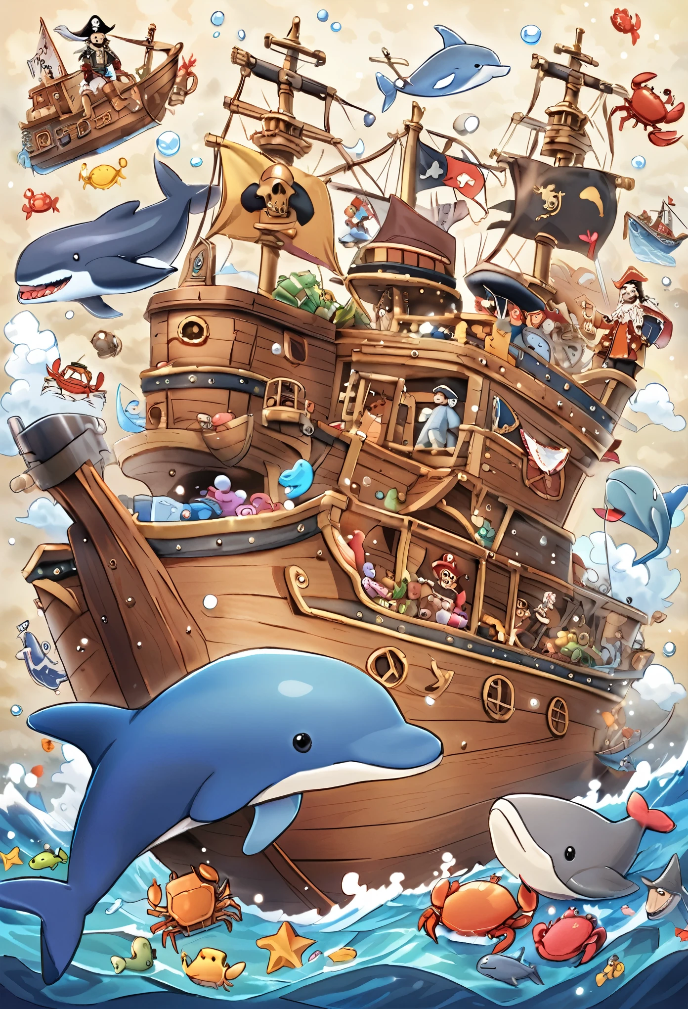 Toy pirate ship with whale, dolphin and crab