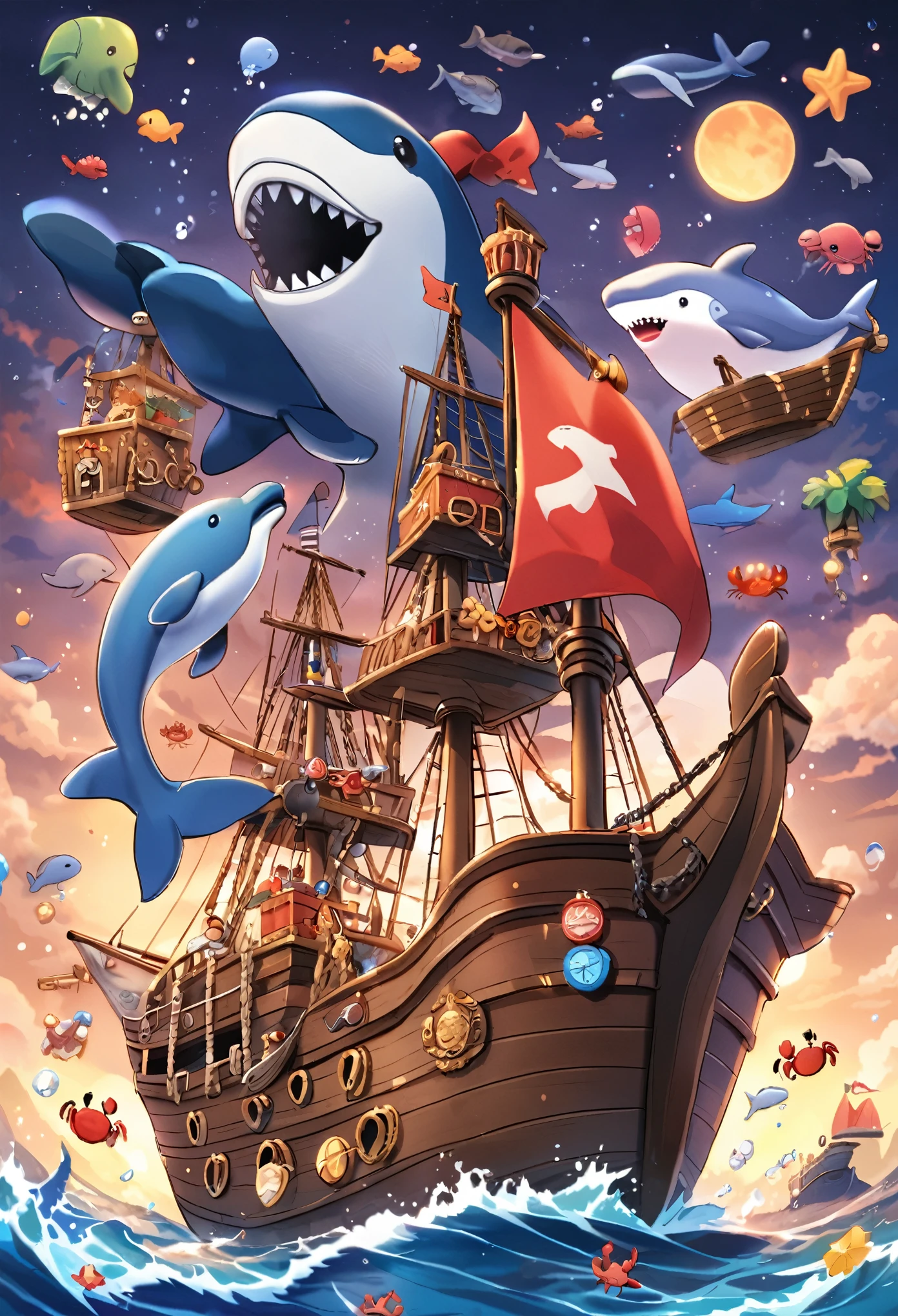 Toy pirate ship with whale, dolphin and crab