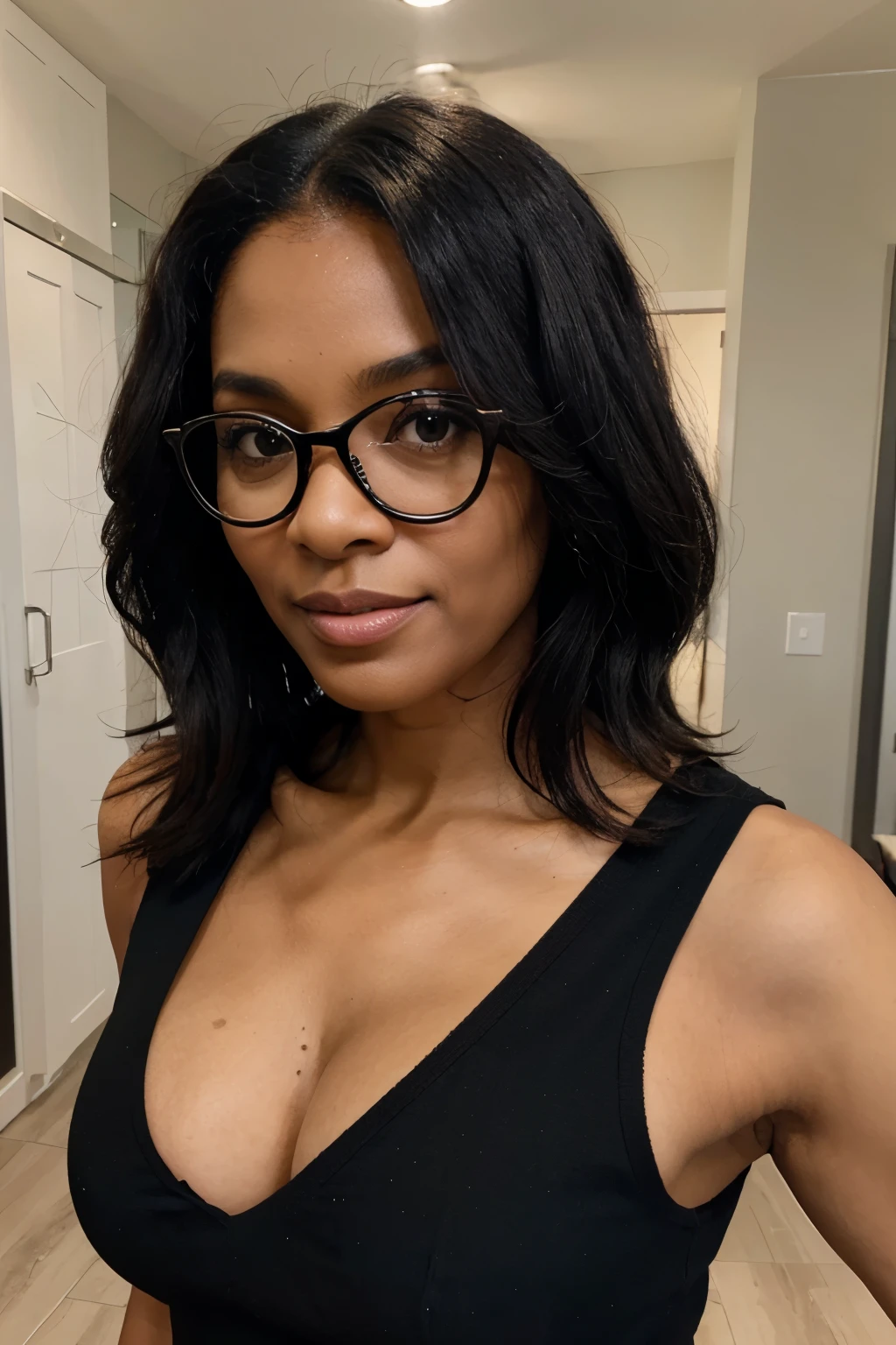 Create 56 year old black woman beautiful body beautiful shoulder length black hair with glasses 