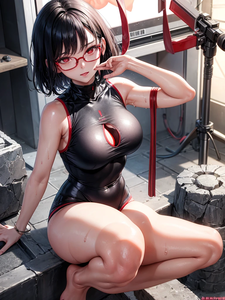 Beautiful girl,Korea, sitting on magma, futuristic,
18 years old,Short hair, shoulder length,black hair, big breasts,wet, sweat, camel toe, red lips ,Wear glasses,
White underwear, sexy pose,
red eyes, Behind the scenes of the high-tech world, Squat and spread your legs.,