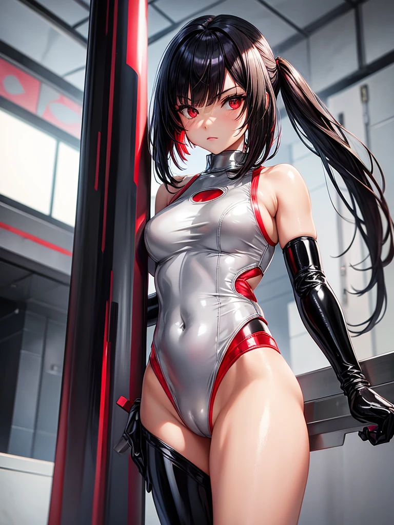 solo girl,Glossy metalic light silver tank top, tight latex shiny, Red interpolation color,Black hair bob,red eyes, camel toe, Samurai Sword,
Lift one leg,