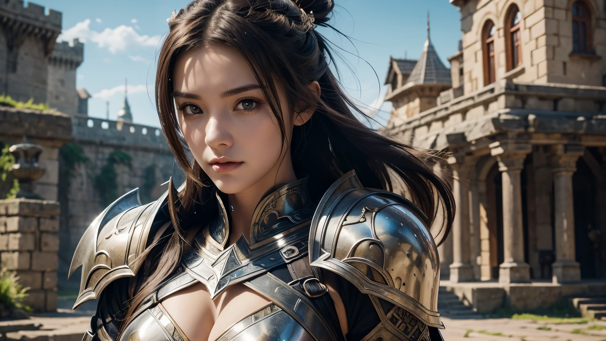 Close-up of a woman holding a sword and armor, Armor Girl, 2. 5D CGI anime fantasy artwork, Large Breasts,Epic fantasy digital art style, detailed Digital 2D fantasy art, Digital 2D fantasy art, Gorgeous female warriors,Look at the camera, Role Playing Game Character Art, beautiful female knight, Fantasy Character Art, Epic and beautiful character art, beautiful female warrior,The background is the castle,Morning Sunshine,semi-body photography,Look at the camera