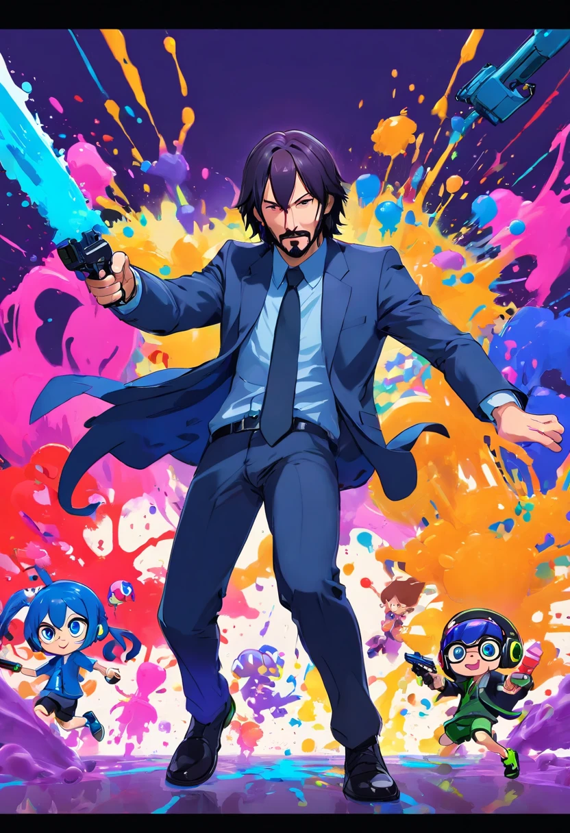 John Wick playing pretend Splatoon with inklings, playing with paint on each other using Splattershot,Dapple-Dualies,Splat-Charger,Splat-Roller,Custome-Blaster,stage:Wahoo World,dynamic pose,dynamic angle,Starring Keanu Reeves