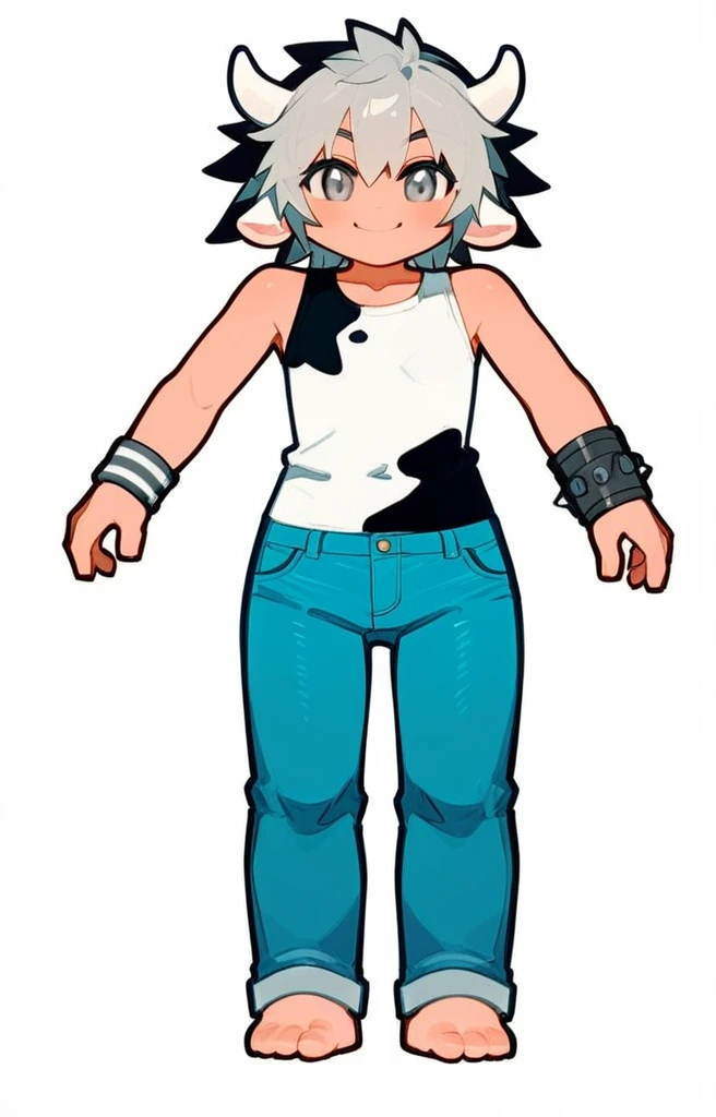 score_9, score_8_up, source_anime, masterpiece, best quality, BREAK 1girl, chibi, cow girl, white horns, flat chest, cow print sleeveless shirt, jeans, grey wristband, white spiked hair, grey eyes, smile absurdres