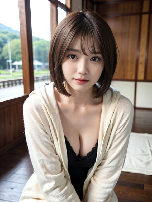 japanaese cute idol, 25 years old, (very short bobbed hair:1.6), shy smile, (In the library) ,medium breasts, Slender figure, (naked:1.2), (hoodie), cleavage, full body shot, Waist curve, natural light, cute&pretty woman, , detailed eyes, facial lighting, beautiful actress, ((chiseled face)), small head, smooth skin, natural makeup, Shaggy hair, (light brown hair:1.2), black eyes, plump, masterpiece, best quality, 8K, detailed, detailed face and skin, hi-res, perfect anatomy, physically-based rendering, photorealistic, symmetric clear eyes, well-groomed face, 