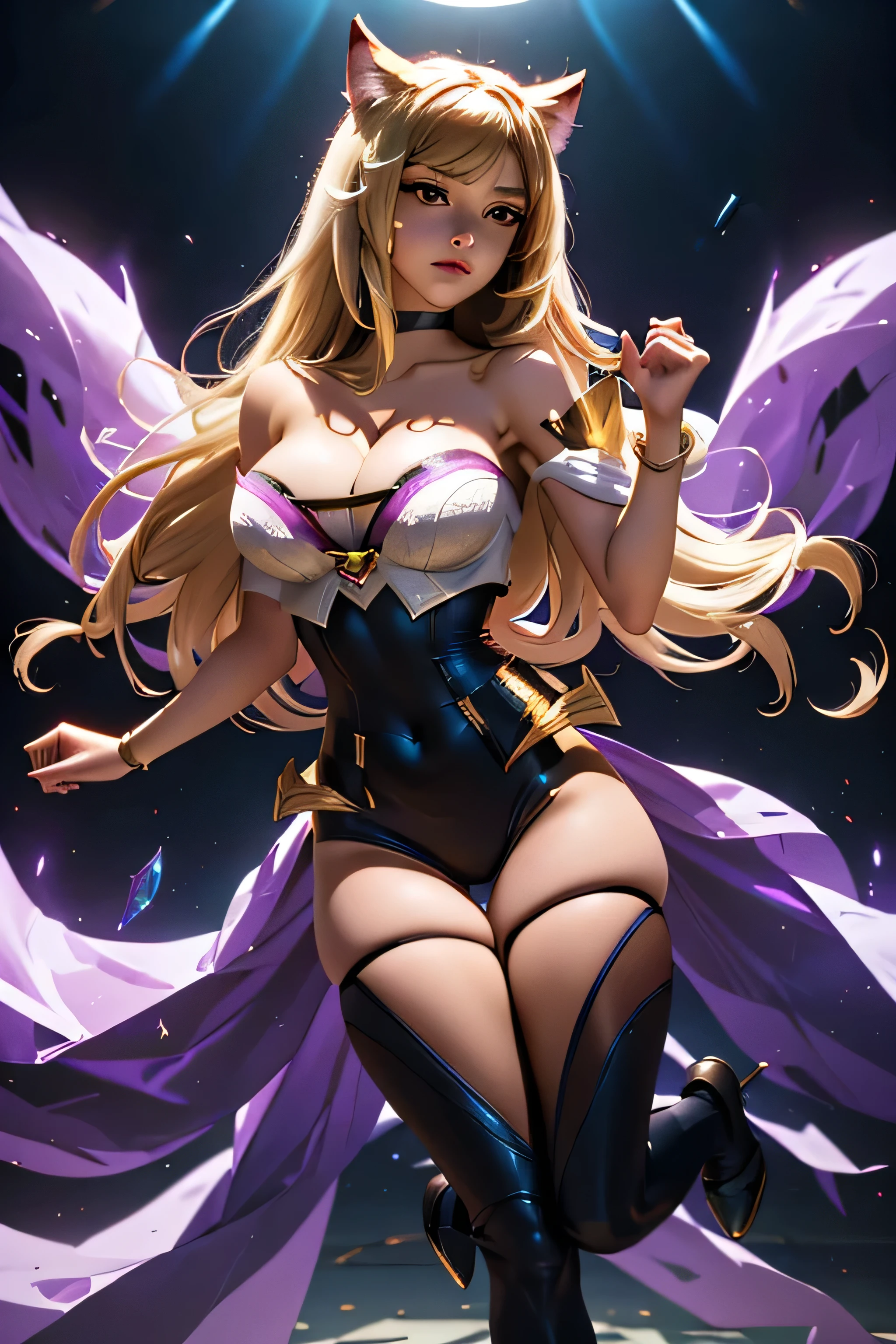 (masterpiece, best quality:1.2), intricate details, 1girl, cleavage, strapless, emotionless, K/DA Ahri, long hair, gold hair, long legs, strapless black thigh highs with lacy on outside and inside, full body, foxy ears, big breasts, sexy, black triangle shape lacy covering some of her cleavage