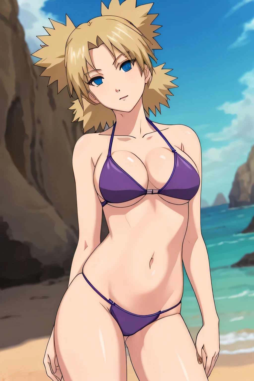 a beautiful girl,  beautiful face, sexy pose, nude, (natural skin texture, hyperrealism, soft light, sharp:1.2), (intricate details:1.12), hdr, (intricate details, hyperdetailed:1.15), (cinematic look:1.4), soothing tones, insane details, intricate details, hyperdetailed, low contrast, soft cinematic light, dim colors, exposure blend, hdr, faded, slate gray atmosphere, lightroom, natural, perfect, [oliver wetter|(kodak portra:0.08)|(leibovitz:0.6)], raw, intricate, high quality, mamiya, exposure blend beach, ocean, island, outdoors, bright sky, sunny, clear sky, blush, blue purple bikini, two piece bikini, thong panties, blue thong, bare shoulders, cleavage, big breasts, skinny, slim waist, nice thighs, big ass, tall legs, hands touching hair, sexy, standing, full frame, full body in frame
