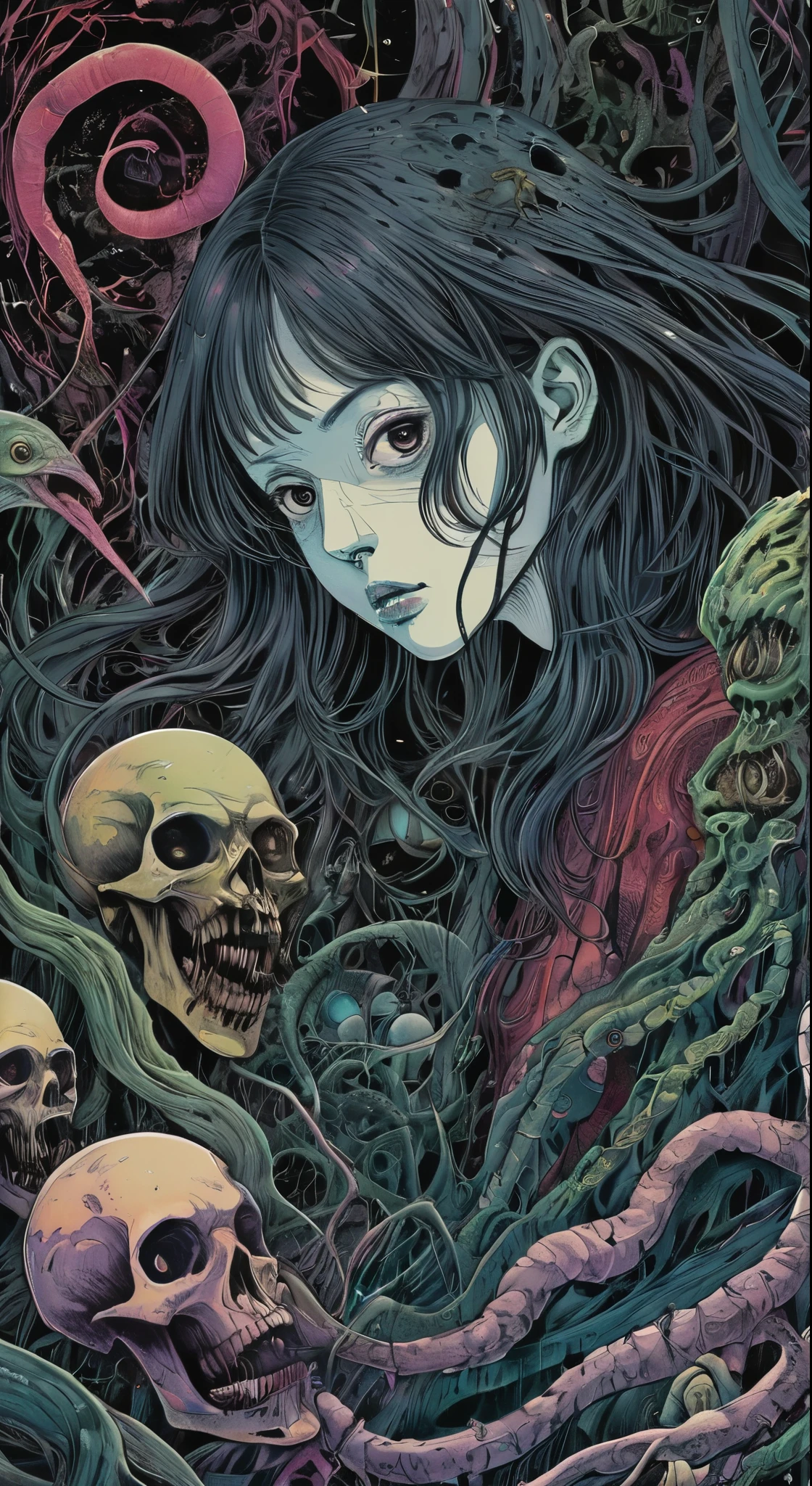 horror-themed lovecraftian horror Junji Ito, Raw digital photo, Film Washi, "The Frost of (80s style:0.65) (hand drawn, anime:1.2) (girl:0.8) , analogue vhs distortion, intricately detailed linework, vibrant colors", Hisui Sugiura, Intricate and vivid depiction of Junji Ito's work in film form. The artist's signature style is evident throughout, from the detailed linework and vibrant colors to the subtle analogue VHS distortion. The image captures a girl in her natural habitat, surrounded by intricate details that bring the scene to life. The overall effect is a stunning representation of Ito's unique vision. Hisui Sugiura Assistant has done an excellent job in capturing the essence of this iconic artist's work. The image is a true masterpiece.  . eldritch, cosmic horror, unknown, mysterious, surreal, highly detailed . eerie, unsettling, dark, spooky, suspenseful, grim, highly detailed