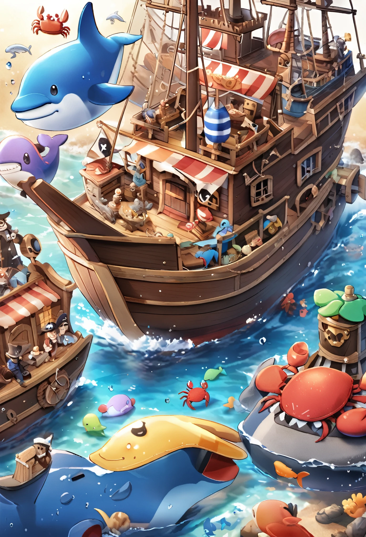 Toy pirate ship with whale, dolphin and crab