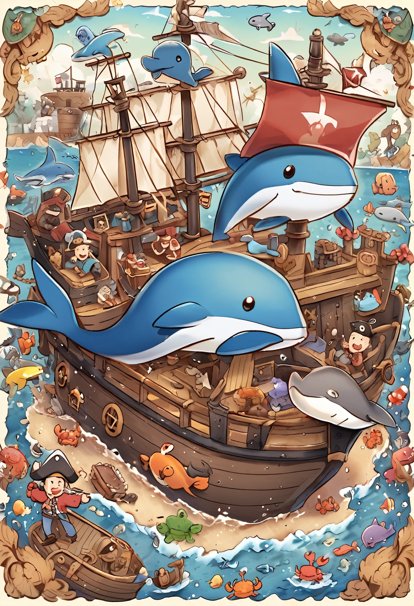 Toy pirate ship with whale, dolphin and crab