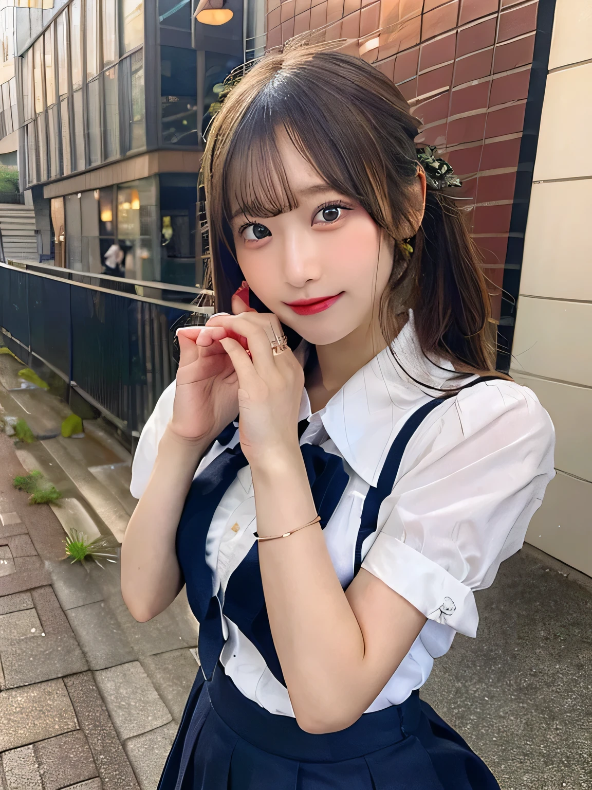 highest quality、Blonde、figure、 Blonde、Cleavage、Ultra-detailed、High resolution、8k wallpaper、Perfect dynamic composition,、Beautiful fine details、Natural color lip、Bold sexy pose、smile、14-year-old girl、cute、Sexy shot looking at the camera、(highest quality: 1.3), (masterpiece: 1.3), (Super Detail: 1.3), (One Girl: 1.1), (Detailed hands and fingers:1.2)、(Ultra-oily, lustrous skin with attention to detail:1.1)、Oily shiny knee socks、(The perfect school girl uniform:1.3)、Short sleeve dress shirt、(Beautiful shapely small breasts:1.3)、(Navy blue mini skirt:1.2)、I can see your thighs、Brown Hair、ponytail、Beautiful sister、Red Wall,sexy、I can see your thighs、