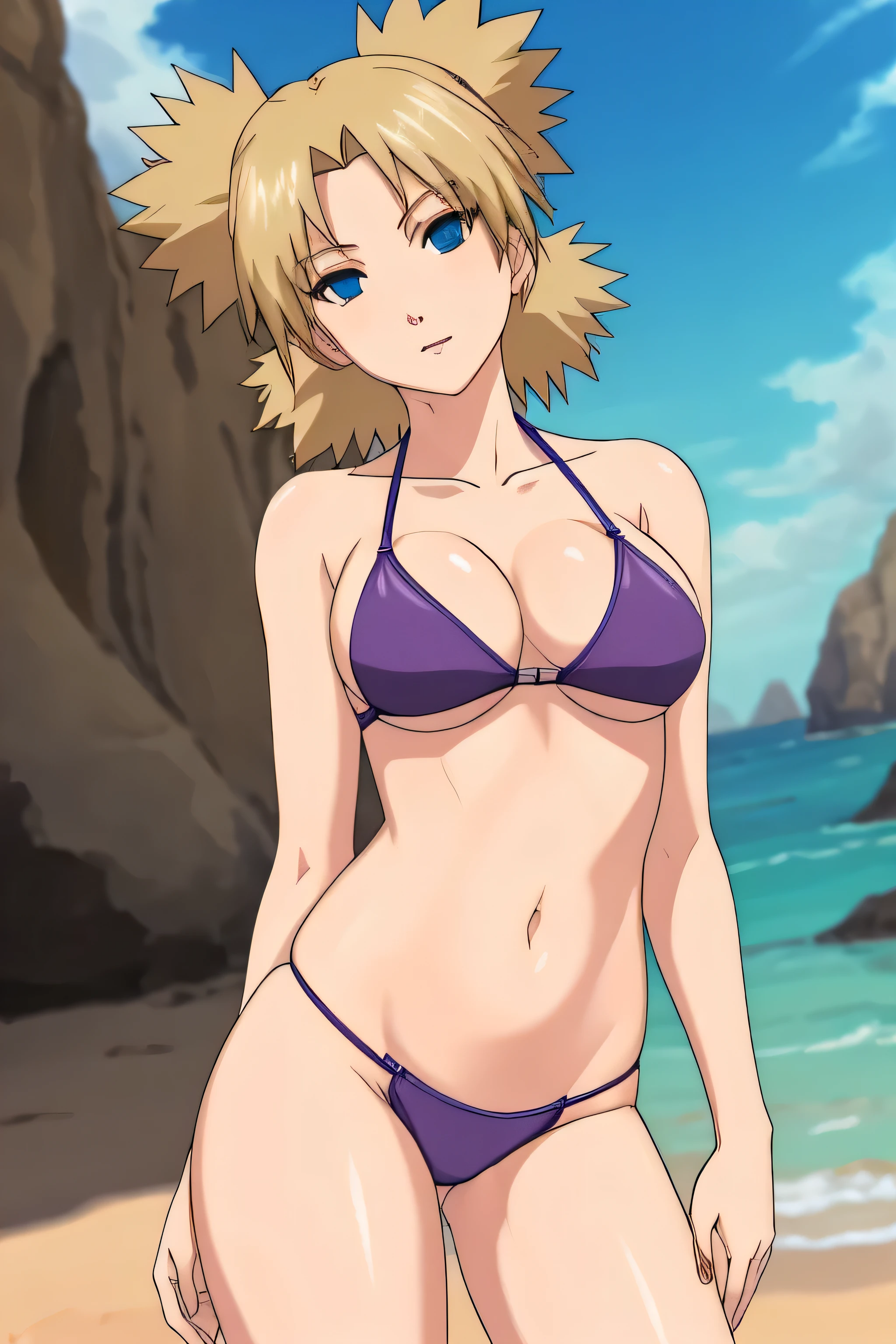 a beautiful girl,  beautiful face, sexy pose, nude, (natural skin texture, hyperrealism, soft light, sharp:1.2), (intricate details:1.12), hdr, (intricate details, hyperdetailed:1.15), (cinematic look:1.4), soothing tones, insane details, intricate details, hyperdetailed, low contrast, soft cinematic light, dim colors, exposure blend, hdr, faded, slate gray atmosphere, lightroom, natural, perfect, [oliver wetter|(kodak portra:0.08)|(leibovitz:0.6)], raw, intricate, high quality, mamiya, exposure blend beach, ocean, island, outdoors, bright sky, sunny, clear sky, blush, blue purple bikini, two piece bikini, thong panties, blue thong, bare shoulders, cleavage, big breasts, skinny, slim waist, nice thighs, big ass, tall legs, hands touching hair, sexy, standing, full frame, full body in frame