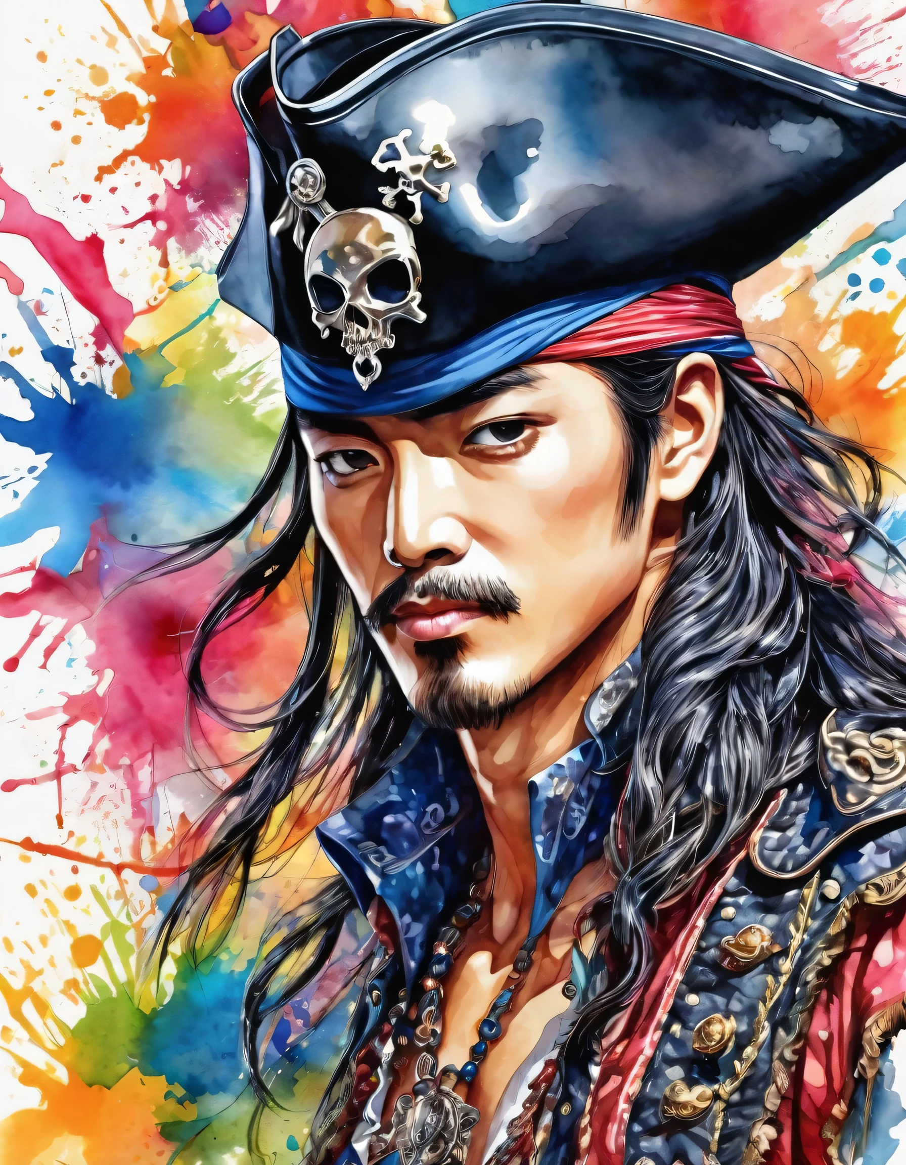 Eiichiro Oda Style、(((stylish fashion))), 8K Quality、Intense watercolor, Detailed watercolor art, Watercolor splash, Surreal, avant-garde pop art, Beautiful and expressive paintings, Beautiful artwork illustration, Very colorful tones, wonderful, Cool beauty, highest quality、Official Art, Vector art, Stylish design, (((The Greatest Pirate in History))), (((highest quality))), HDR, ((detailed)), (((Doodle Art)), ((masterpiece)), ((Super detailed)), (((skull fashion))), (((Stylish))),